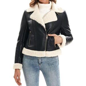 Women's Faux Shearing Fur Winter Coat Warm Thick Leather Jacket 104 Black White